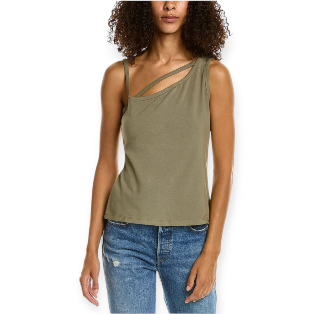 Monrow Asymmetric Strappy One-Shoulder Stretch Top Army Green Size Medium NWT